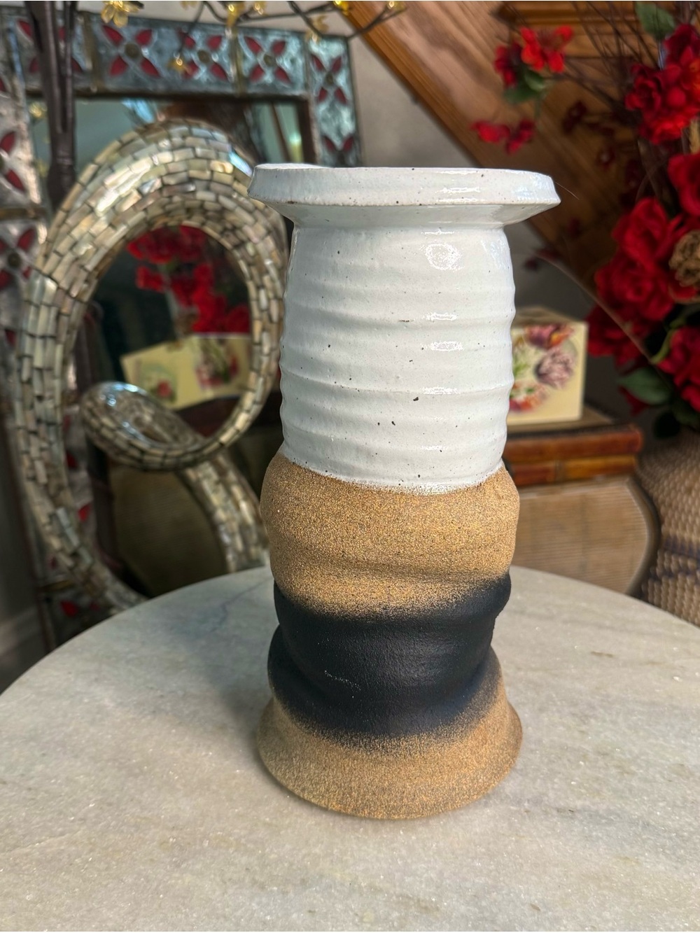 Studio Art Pottery Vase White Brown Stoneware Hand Wheel Thrown Signed Ceramic